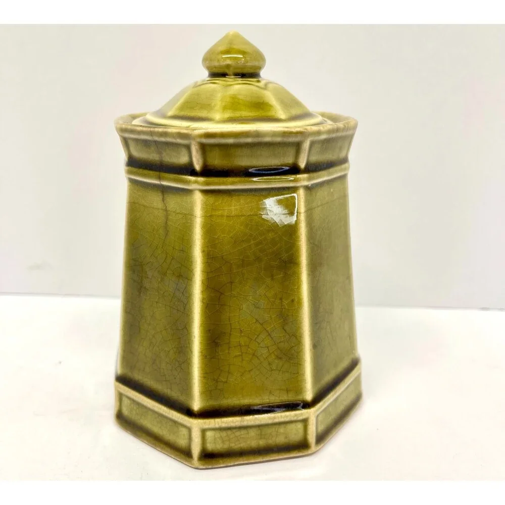 Vintage Stone Craft Royal Sealy Japan Green Tea Set 4 Pc Hexagonal-Olive Green
